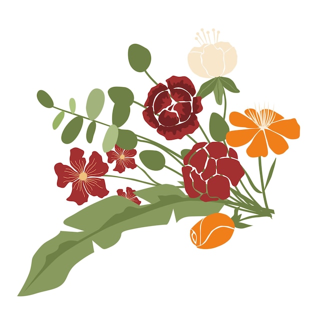 Buquê de flores ilustração vetorial verde de flores brancas laranja e vermelhas Isolado em fundo branco Ilustração de moda em tendência