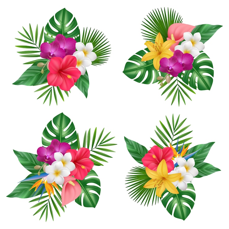 Vetor buquê de flores. plantas exóticas tropicais bali natureza floresta coleção de fotos realistas. ilustração floral exótica, flor tropical realista