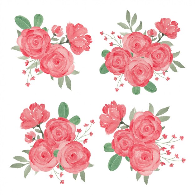 Buquê de flores rosa vermelha em estilo aquarela