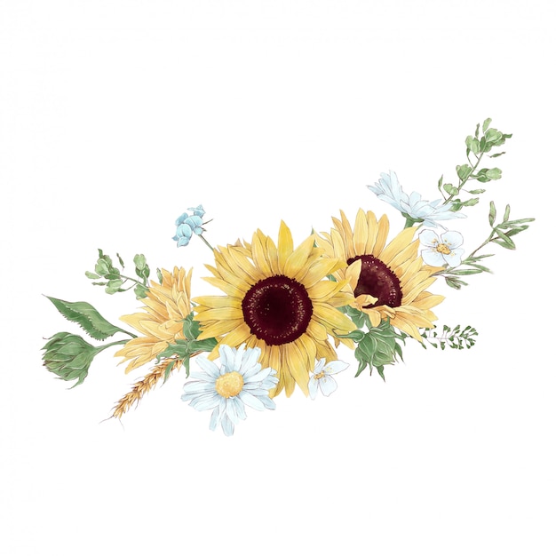 Buquê de girassóis e flores silvestres em estilo aquarela digital