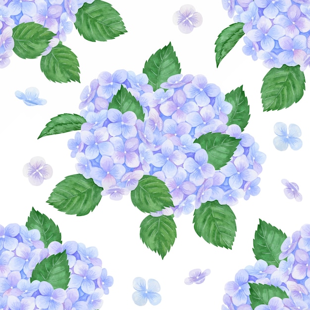 Buquê de hortênsia roxa em um fundo branco Padrão de aquarela sem costura