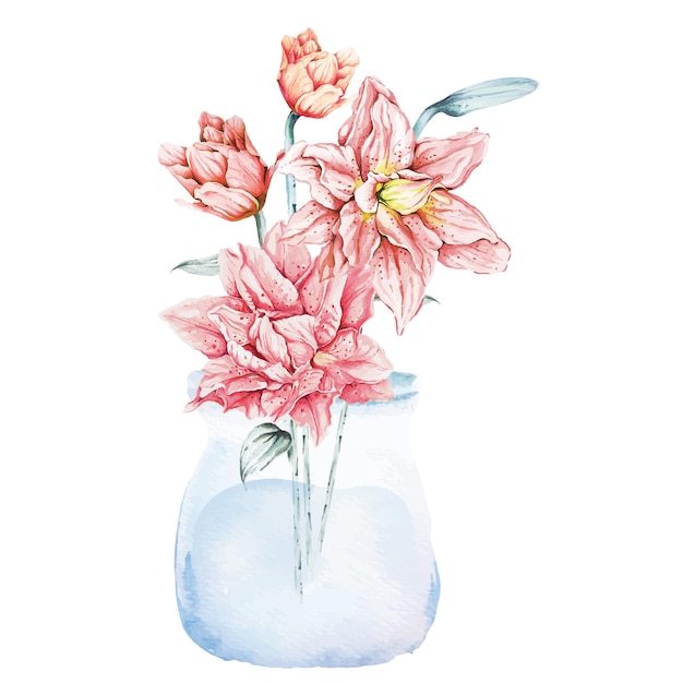 Buquê de lírio em vaso de vidro pintado com aquarelaEstilo vintage de floresComposição de lírios