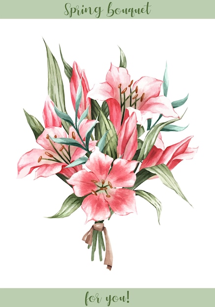 Buquê de lírios cor-de-rosa Composição floral pintada em aquarela Excelente para cartões postais, adesivos banner