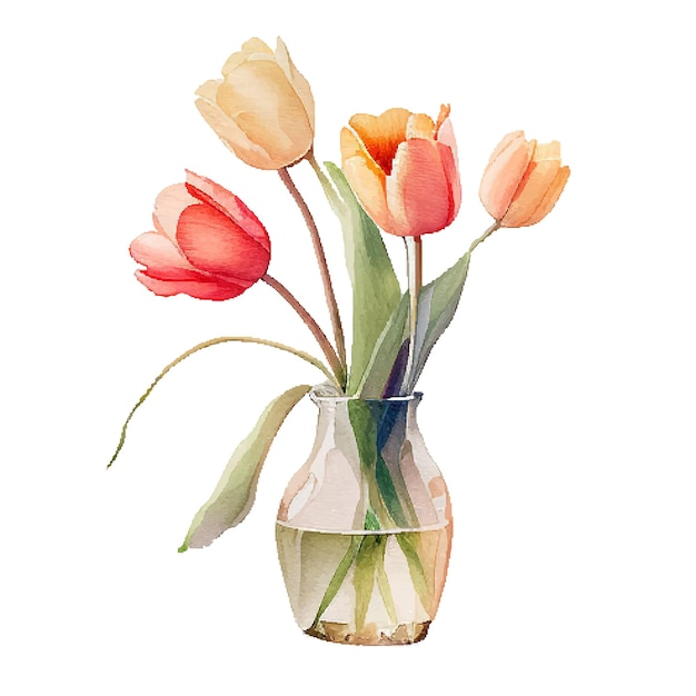 Buquê de tulipas aquarela coloridas em um vaso de vidro em um fundo branco