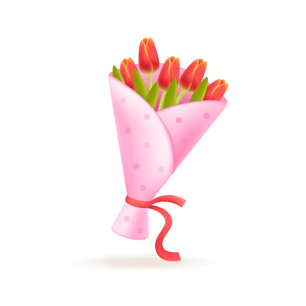 Buquê de tulipas ilustração em vetor 3d. Flores como presente para festa de aniversário surpresa em estilo cartoon, isolado no fundo branco. Aniversário, feriado, conceito de felicidade