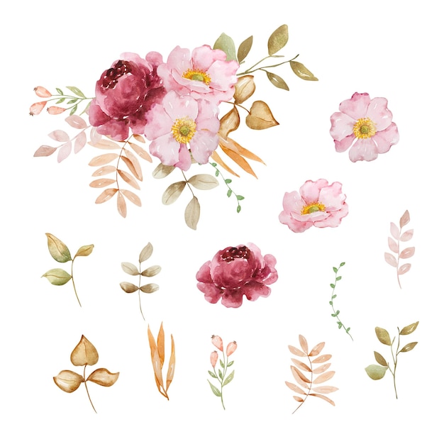 Buquê elegante em aquarela de flores e folhas de outono estilo boho