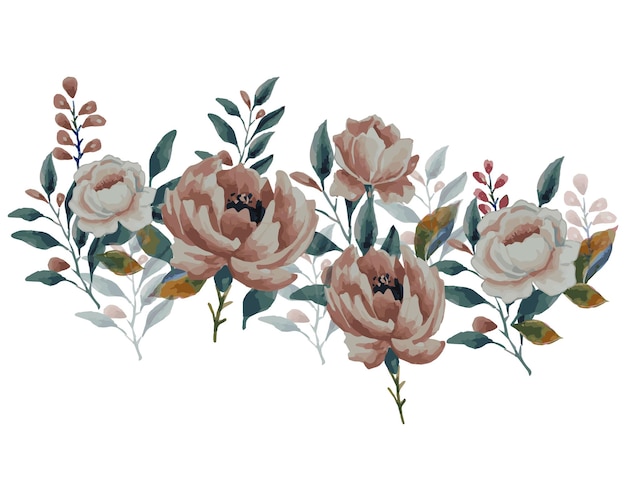 Buquê floral aquarela com folhas verdes pêssego rosa blush flores brancas ramos de folhas