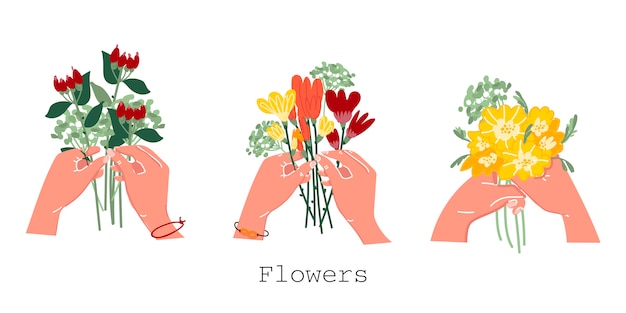 Buquê na mão em um fundo isolado. coleção de flores em suas mãos. florista. decorar um cartão postal. logótipo para floristas. ilustração elegante. vetor.