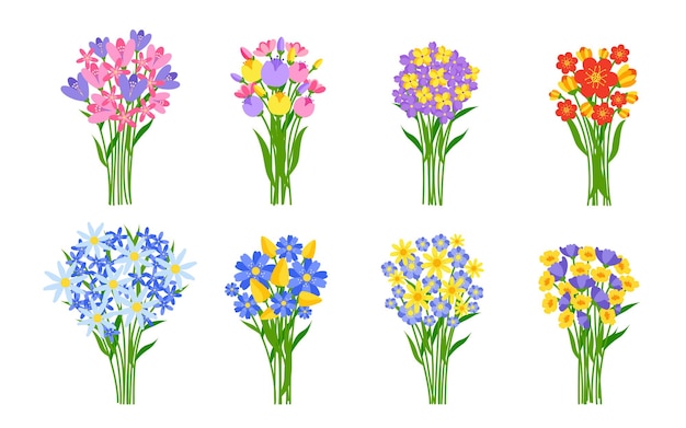 Buquês de flores frescas com cachos coloridos de primavera em tulipas de flores silvestres ou margaridas estilo cartoon plana