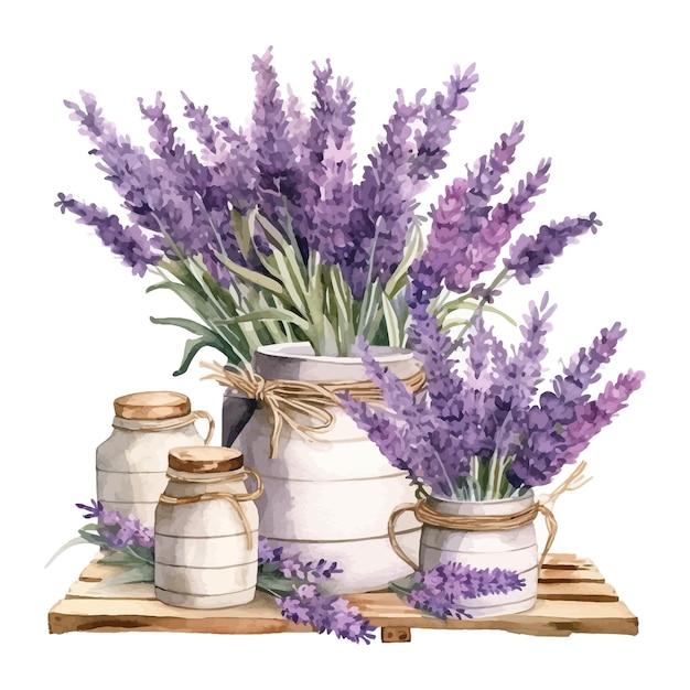 Vetor buquês de lavanda em vasos de carrinho de madeira e jar clipart aquarela com estilo provençal