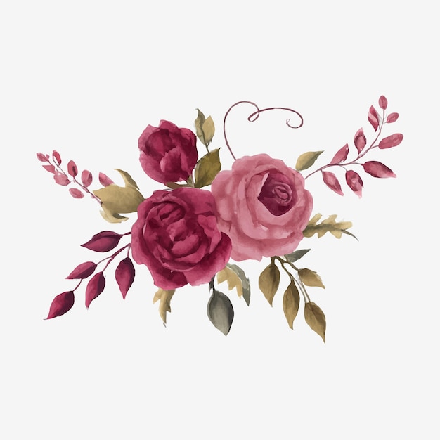 Vetor buquês de moldura floral aquarela de rosas e design de folhas