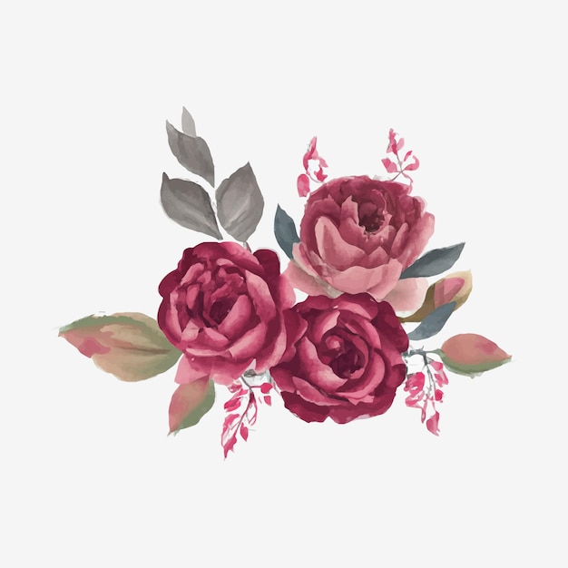 Vetor buquês de moldura floral aquarela de rosas e design de folhas