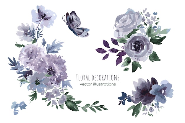 Buquês decorativos de aquarela floral roxo com rosas, ilustração vetorial