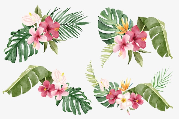 Buquês em aquarela de flores tropicais e folhas exóticas