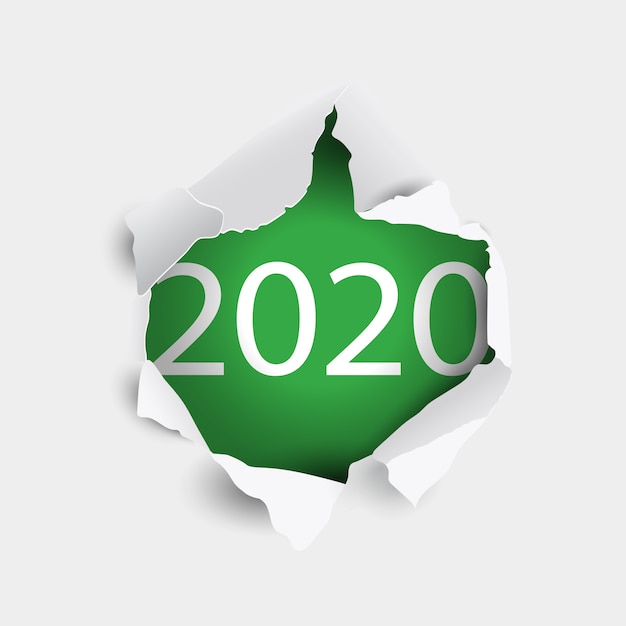 Buraco de papel branco rasgado com inscrição de ano novo 2020 em verde