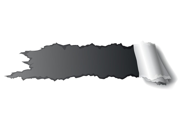Buraco de papel de papel rasgado cinza lados rasgados sobre fundo de papel escuro com espaço para texto modelo de papel rasgado realista