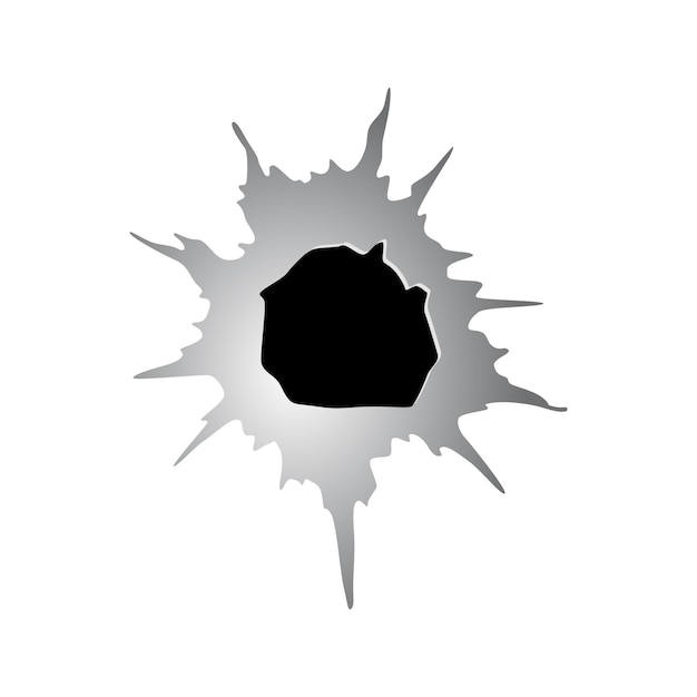 Vetor buraco irregular em metal ou papel de bala. danos ou rachaduras na superfície em cor monocromática. ilustração vetorial isolada em fundo branco