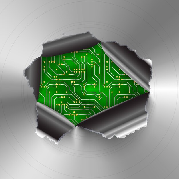 Buraco rasgado na placa de metal polida redonda lustrosa no microchip de computador complicado