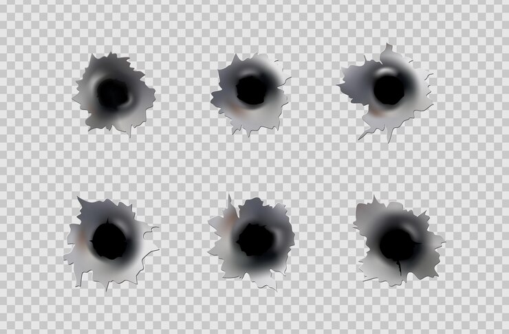 Buracos de bala de arma ou pistola Atirar em metal furo simples e duplo Danos e rachaduras na superfície