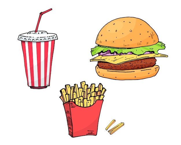 Burger. cola. sem batata. conjunto colorido fast-food mão desenhar ilustração em vetor elemento coleção