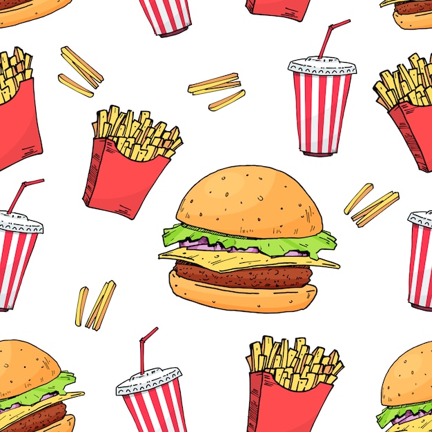 Burger. Cola. sem batata. Padrão sem emenda de fast-food colorido