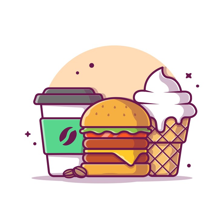 Vetor burger com café e sorvete icon ilustração. conceito de ícone de fast-food isolado. estilo cartoon plana