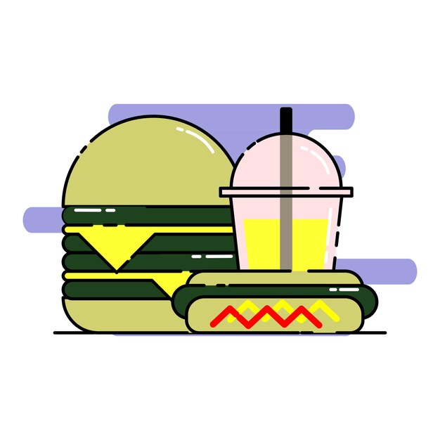 Vetor burger de queijo de cachorro-quente e bebida fria soda limão fast food ícone de estilo de desenho animado ilustração bonita