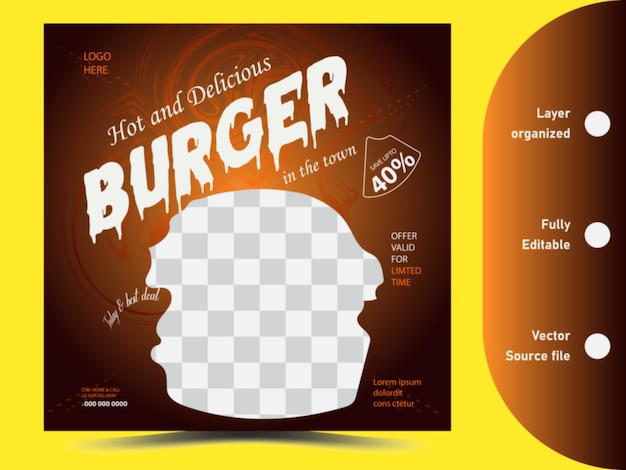 Vetor burger e delicioso post de banner de marketing de mídia social vector de design de posts de mídia social de fast food