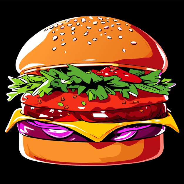 Vetor burger grelhado com ketchup de cebola e batatas fritas ilustração vetorial