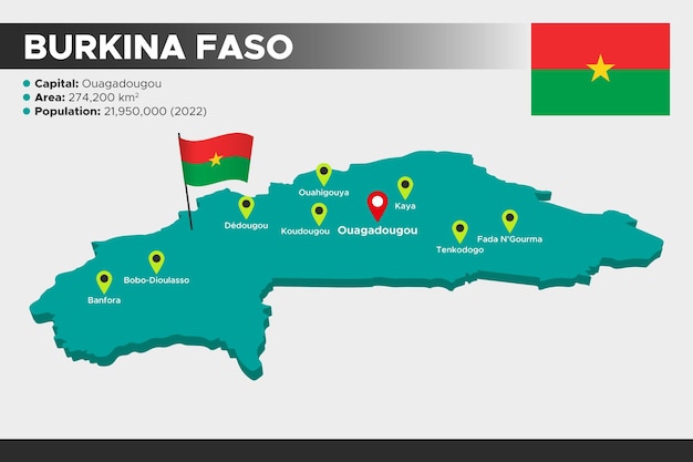 Burkina faso isométrico 3d ilustração mapa bandeira capitais área população e mapa burkina faso
