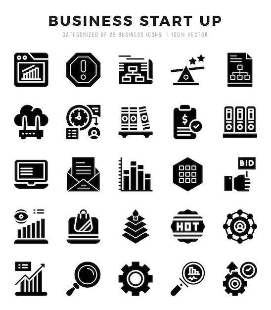 Vetor business start up icons pack glyph icons set business start up collection set (conjunto de ícones de glifos para o início da empresa)