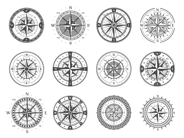 Vetor bússola antiga com setas de rosa dos ventos. bússola vintage com estrela, direções cardeais e escala de meridiano. navegação marinha de vetor monocromático, exploração e idade do símbolo de descoberta geográfica