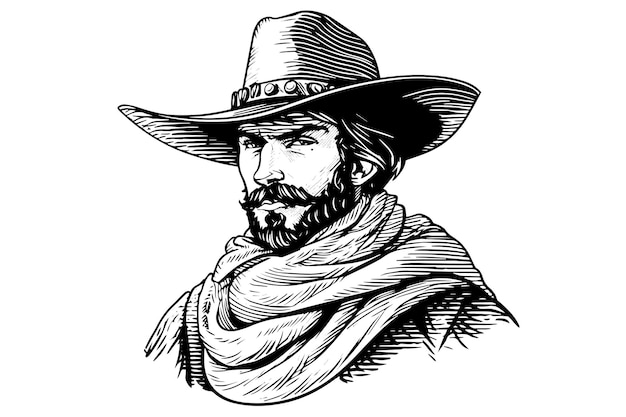 Vetor busto de cowboy ou cabeça no chapéu em estilo de gravura desenho de tinta vetorial ilustração