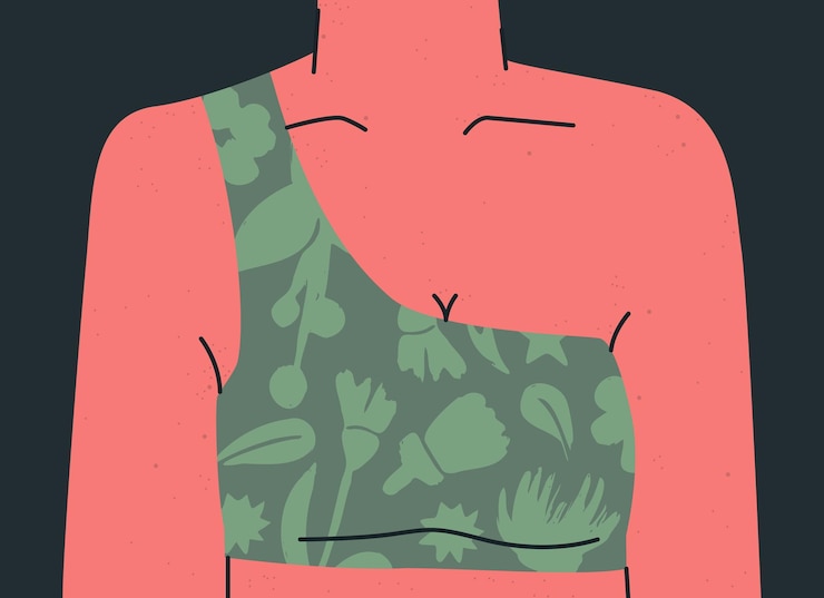 Vetor busto feminino em um sutiã com uma alça em um ombro parte superior feminina de um corpo em um top com uma ilustração florística vector a ilustração da moda para design