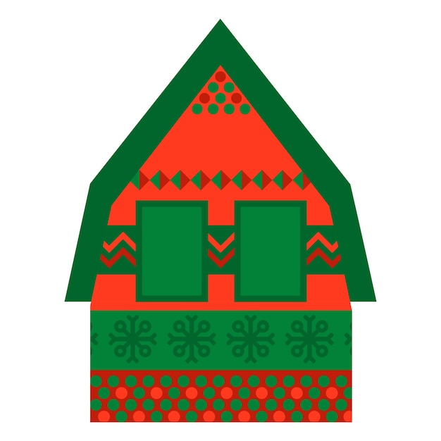 Cabana de aldeia com padrão de feriado nacional norueguês em cores vermelhas e verdes cabana de vila em estilo ornamentado de tricô feito à mão vector plano simples isolado em fundo branco