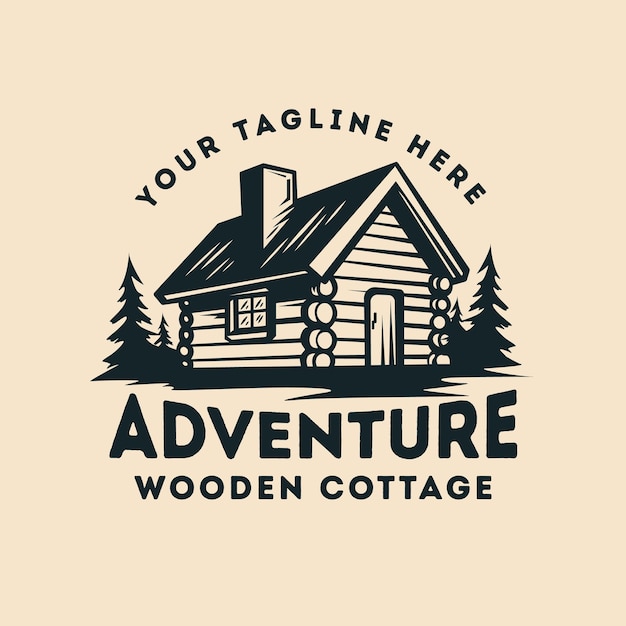 Cabana de madeira no logotipo vintage da aventura