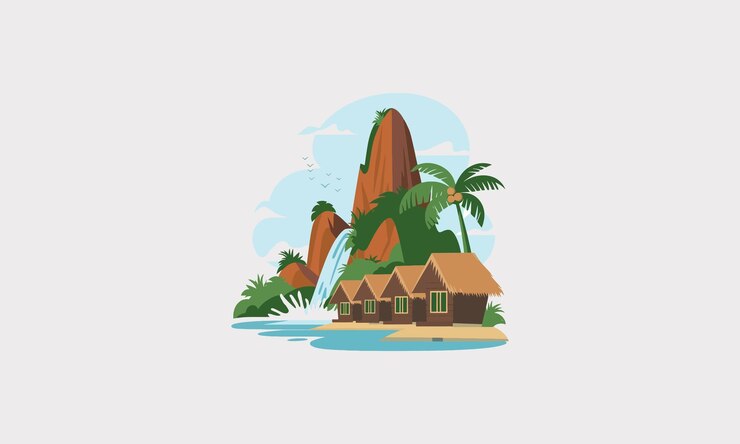 Vetor cabanas de ilhas tropicais junto a uma cachoeira e palmeiras