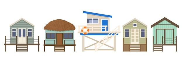 Vetor cabanas de praia de verão dos desenhos animados, casas de praia, bangalôs, ilustração vetorial plana em fundo branco