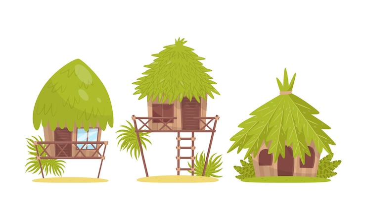 Vetor cabanas e bungalows com telhado de folhas de palmeira verde como elementos de paisagem da selva tropical