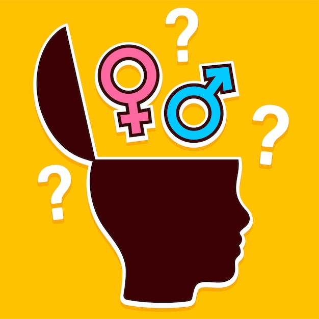 Cabeça aberta com símbolos de gênero e pontos de interrogação