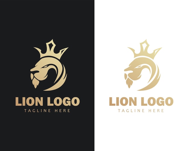 Cabeça criativa do logotipo do leão vetor rei coroa elegante sinal de ouro símbolo animal