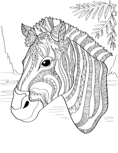 Cabeça da zebra voltada para o lado com folhas acima da linha incolor,  desenho de cavalo com padrão de listras