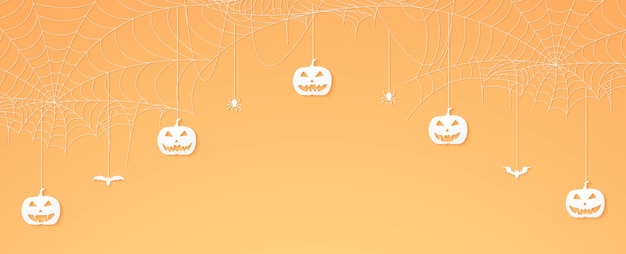 Vetor cabeça de abóbora de halloween, aranhas e morcegos pendurados, banner de teia de aranha, fundo de teia de aranha, espaço de cópia