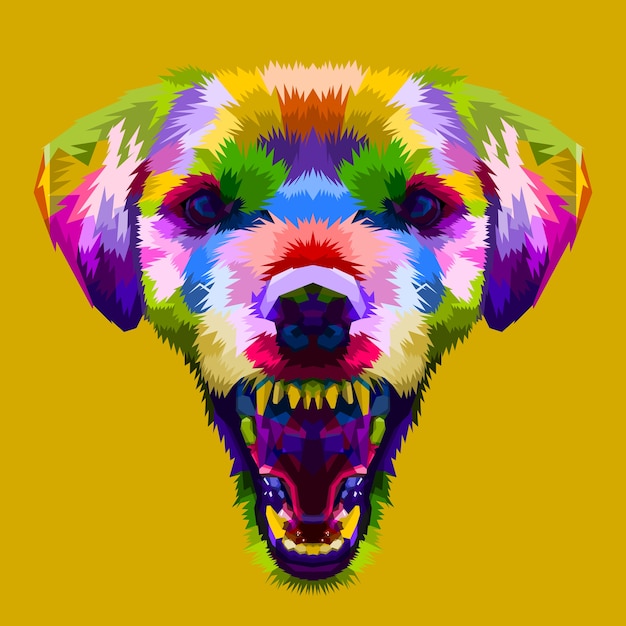 Cabeça de cachorro colorido com raiva no estilo pop art