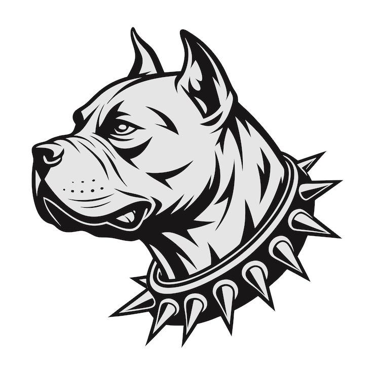 Vetor cabeça de cão pitbull com colarinho de espinhos ilustração de cão preto e branco musculoso com espinhos