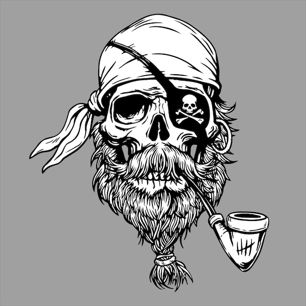 Cabeça de capitão de marinheiro, caveira Roger com cachimbo, bandana e barba. ilustração