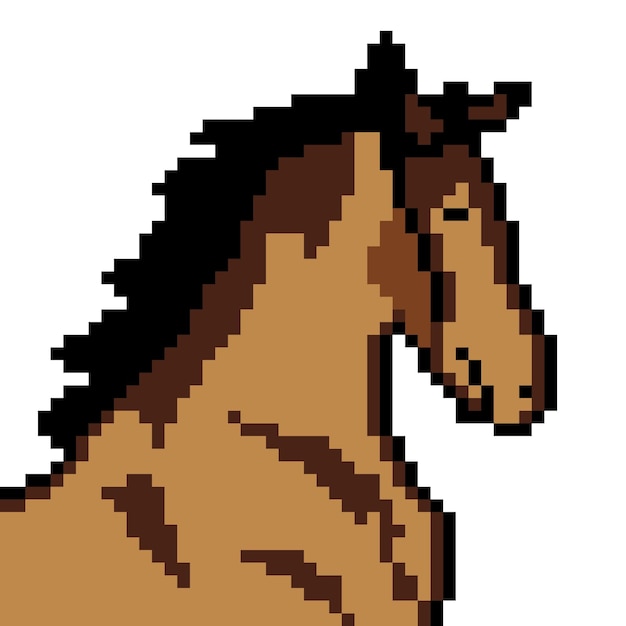 Vetor cabeça de cavalo com pixel art em fundo branco.