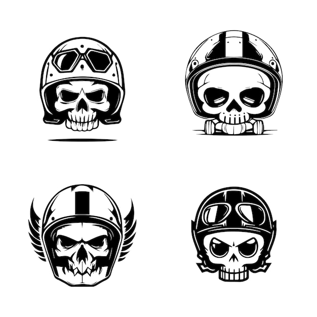 cabeça de caveira bonita usando conjunto de coleção de logotipo de capacete de motociclista ilustração desenhada à mão