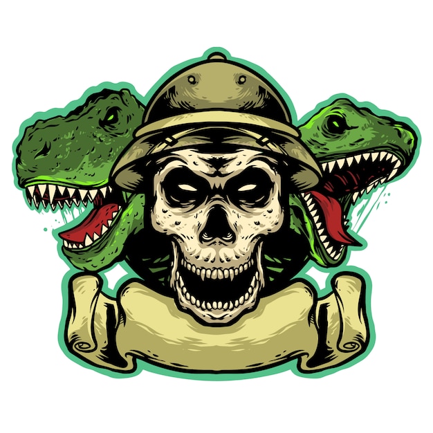 Cabeça de caveira com design de mascote de logotipo de dinossauro e banner