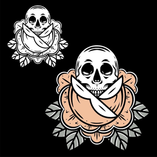 Vetor cabeça de caveira com ilustração de tatuagem vintage de flor rosa